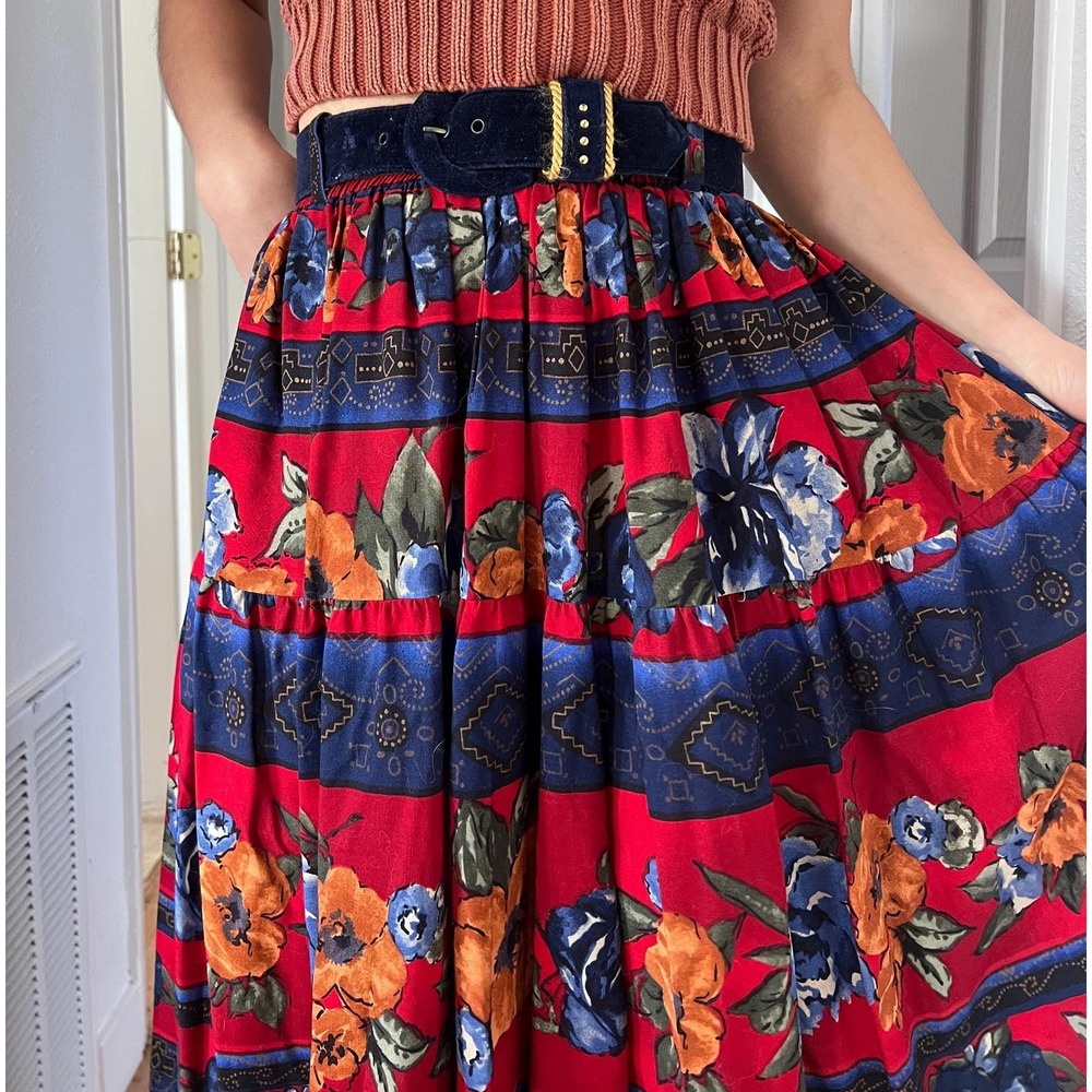 vintage 80s Roper floral striped skirt red blue western boho small‎ rayon